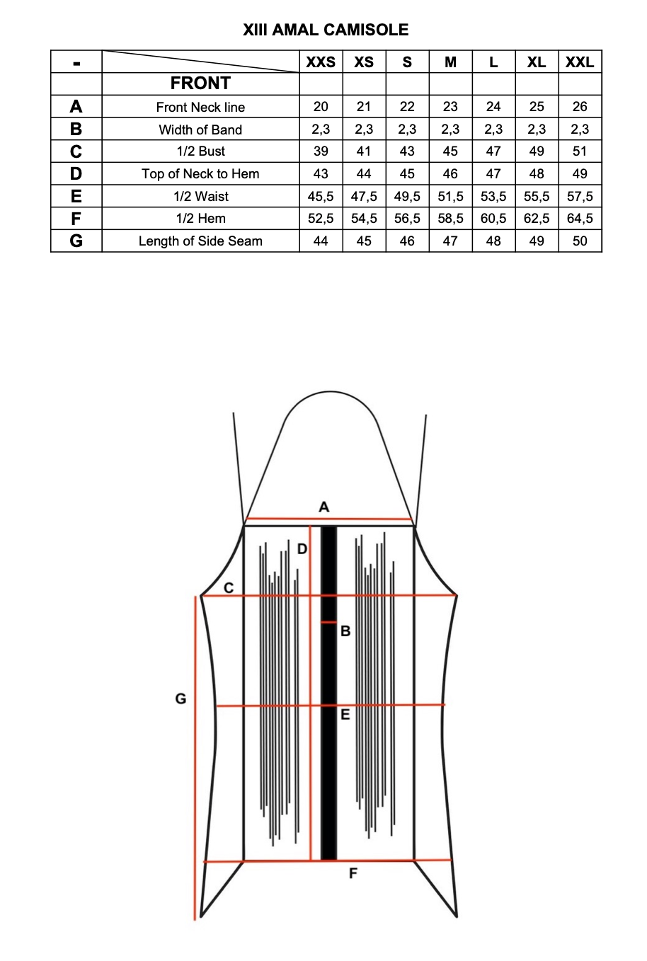 Measurement of Amal Camisole.