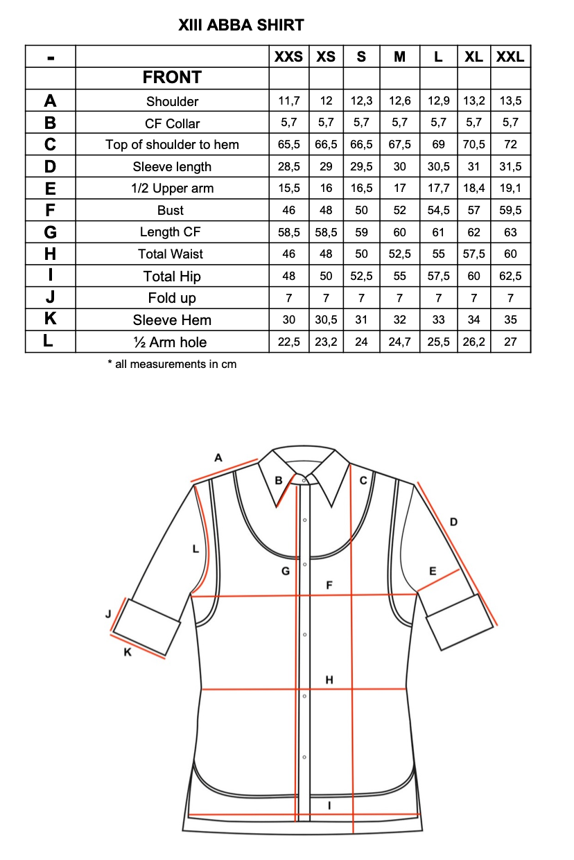 Measurement chart for Abba shirt.