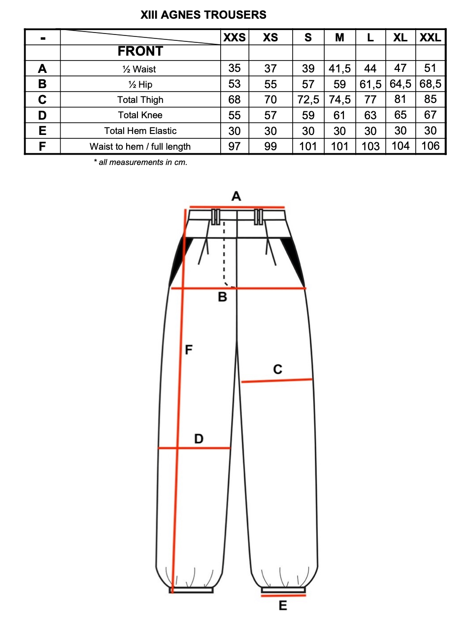 Measurement chart for Agnes trousers.