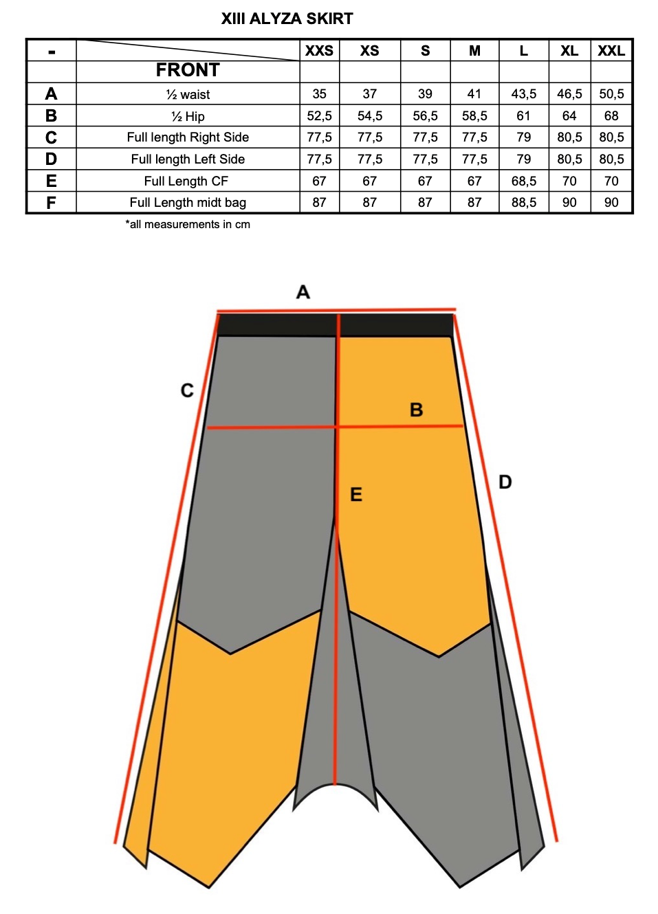Measurement chart for Alyza skirt.