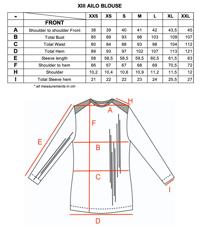 Measurement chart for the Ailo top both variations.