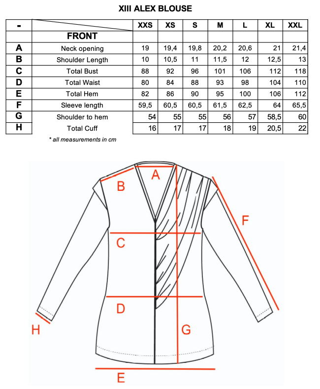 Measurement chart for Alex shirt.